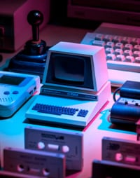 A small computer monitor sits on a desk amongst other retro hardware.